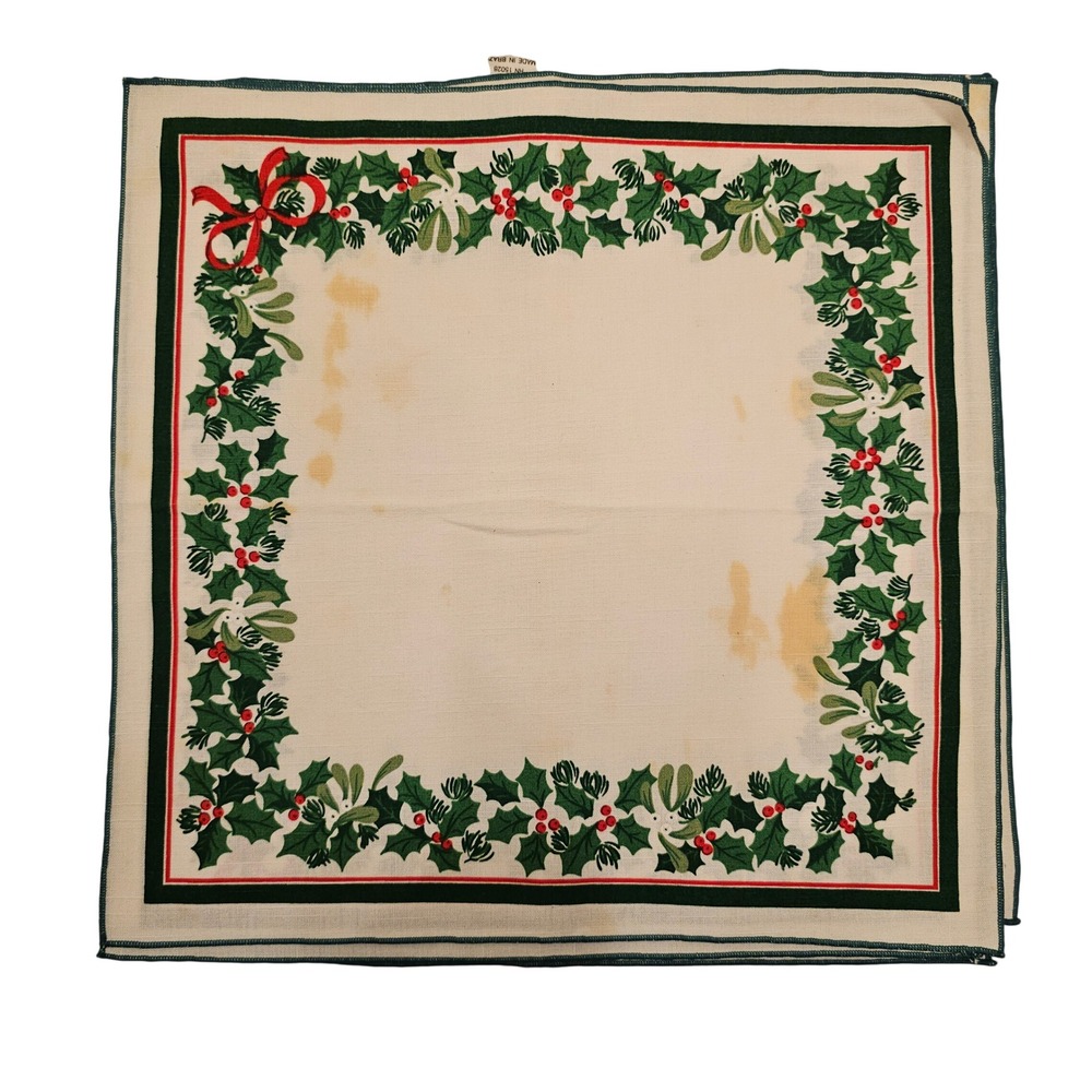 Vintage Christmas Napkins Set of 5 Green Holly Bow Scalloped 16x17 READ